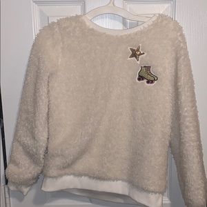 White Fuzzy Sweater with Patches